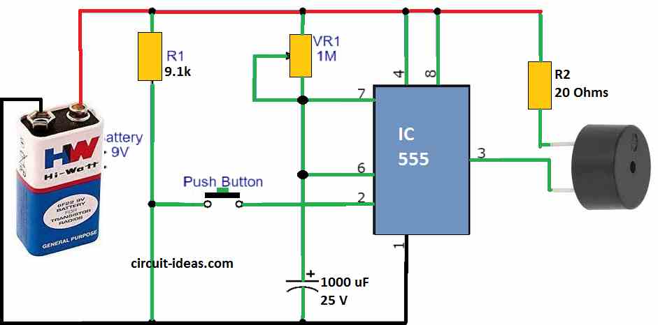 Adjustable Timer Circuit using 555 IC with Buzzer