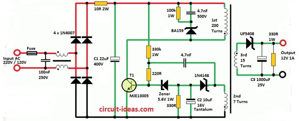 220 V SMPS circuit diagram using one transistor 