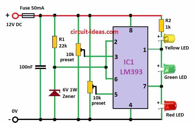 3 LED Battery Voltage Level Indicator Circuit Diagram