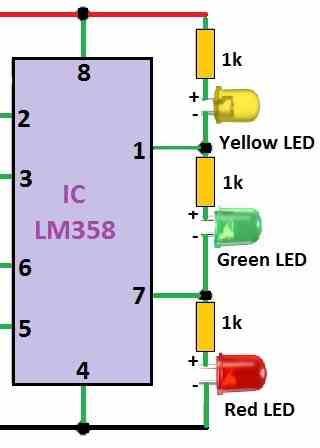 3 LED Battery Voltage Level Indicator Circuit Diagram using LM358