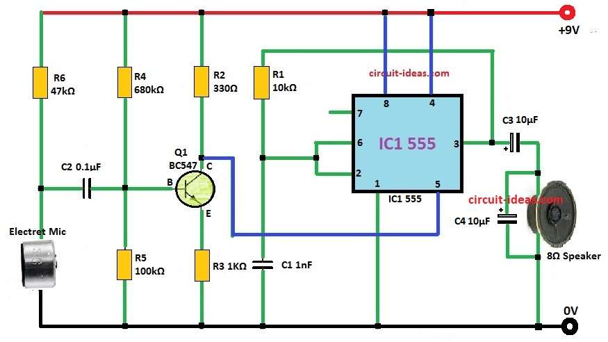 Simple IC 555 Amplifier Circuit with Mic input