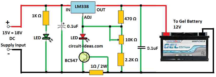 Simple 12V Gel Battery Charger Circuit Diagram using LM338 IC