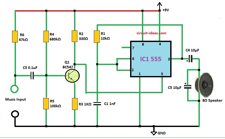 IC 555 Amplifier Circuit with external music