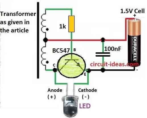 Light Up Simple LED with Weak 1.5V Battery and Joule Thief Circuit Diagram