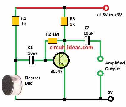 Simple MIC Preamplifier Circuit Diagram using a Single Transistor 