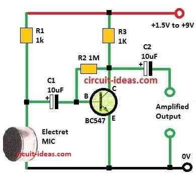 MIC Preamplifier Circuit Diagram using a Single Transistor