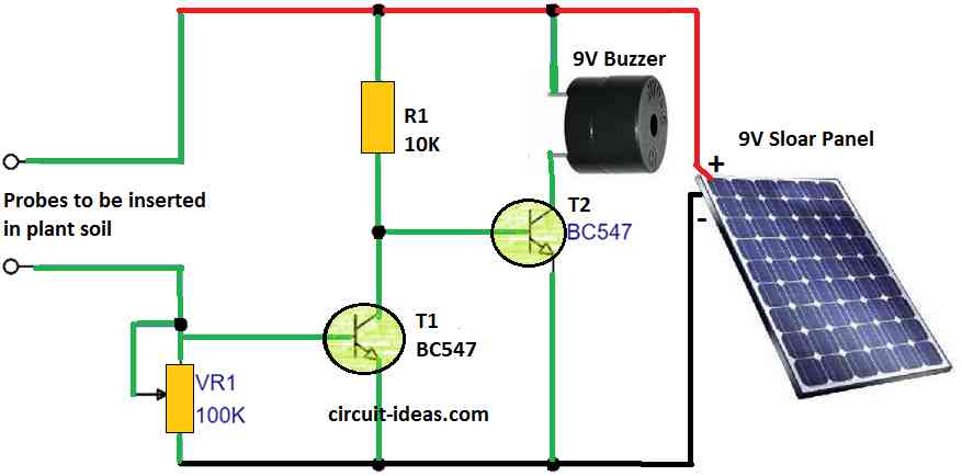 simple solar powered plant watering alarm circuit diagram