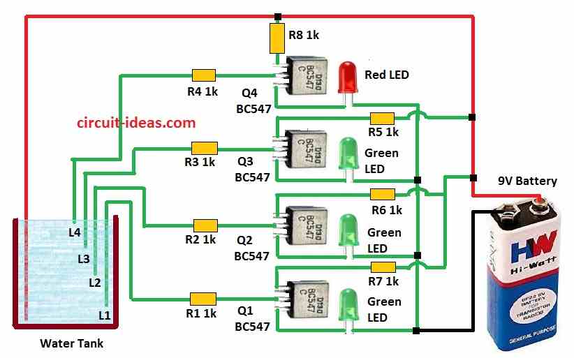 Simple 4 LEDs Water level  Indicator Circuit Diagram