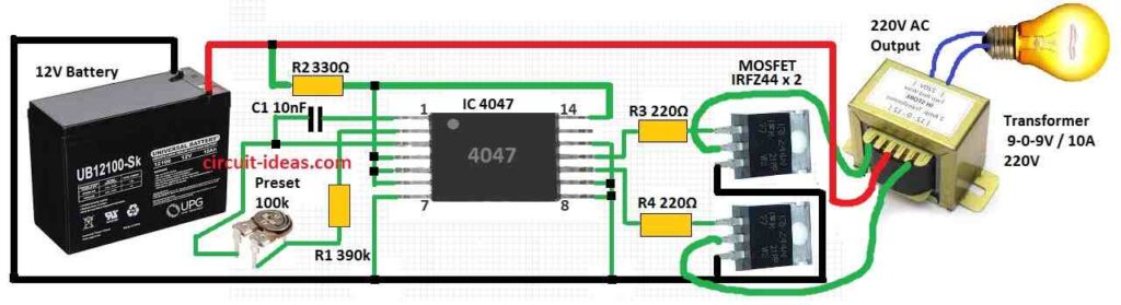 Simple 100 Watt Inverter Circuit Diagram using IC 4047