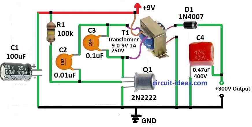 Simple 9V to 300V Converter Circuit Diagram using a Single Transistor