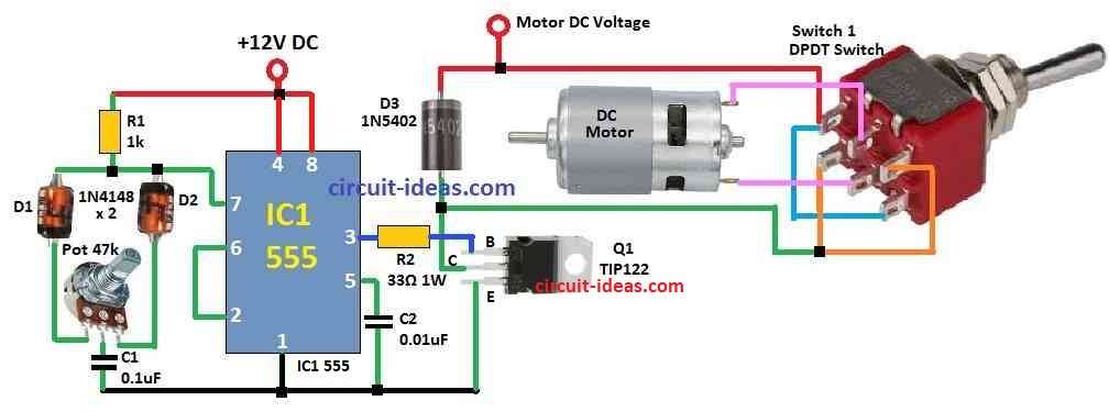 Adjustable DC Motor Speed Controller Circuit with Reverse Forward Facility Diagram