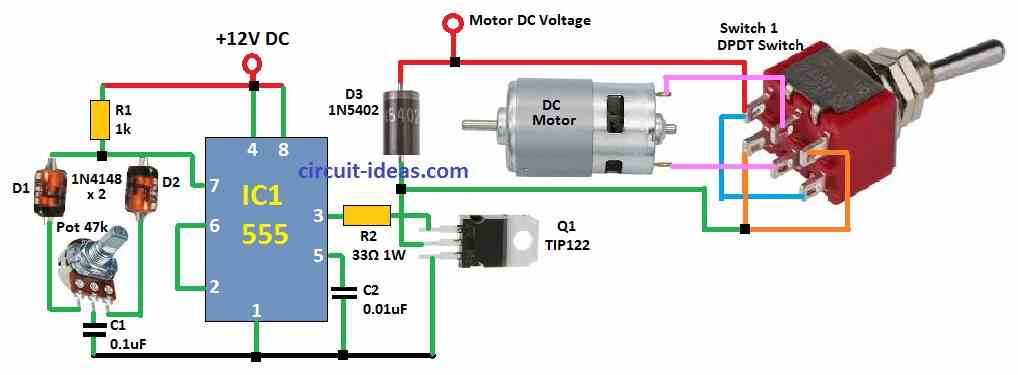 DC Motor Speed Controller Circuit Diagram with Reverse Forward Facility.