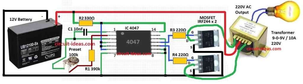 Simple 100 Watt Inverter Circuit Diagram using IC 4047