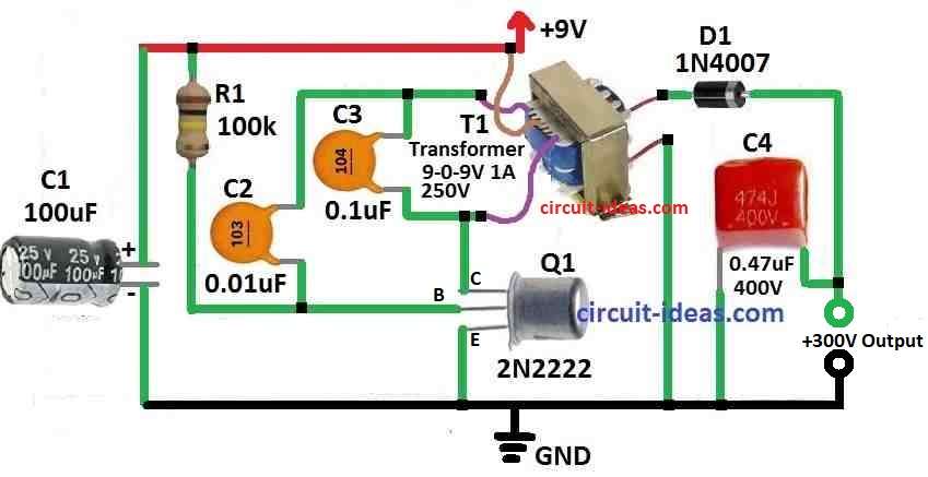 Simple 9V to 300V Converter Circuit Diagram using a Single Transistor