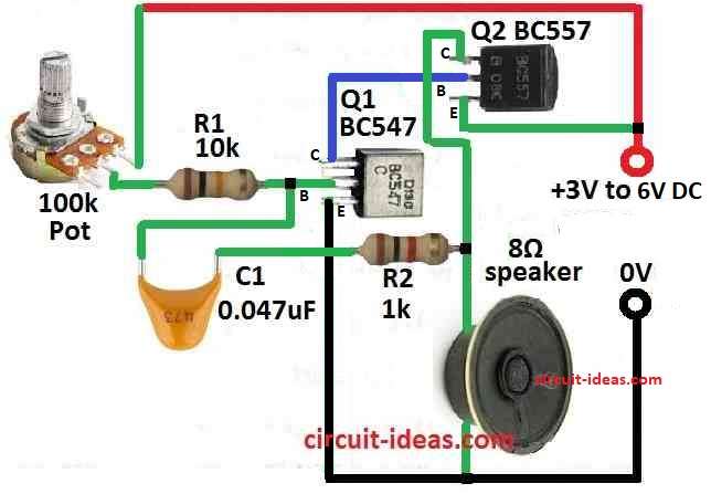 Simple Adjustable Oscillator Circuit Diagram using Two Transistors