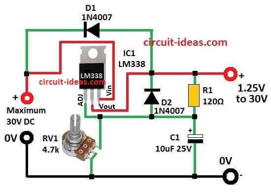 Simple Adjustable Power Supply Circuit using IC LM338 Diagram