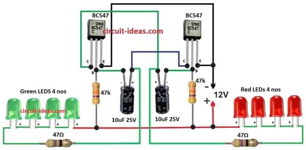 Simple Alternate Red Green LED Flasher Circuit Diagram
