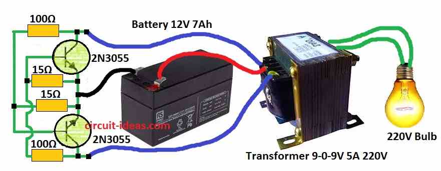 Simple Inverter Circuit Diagram using Two 2N3055 Transistors