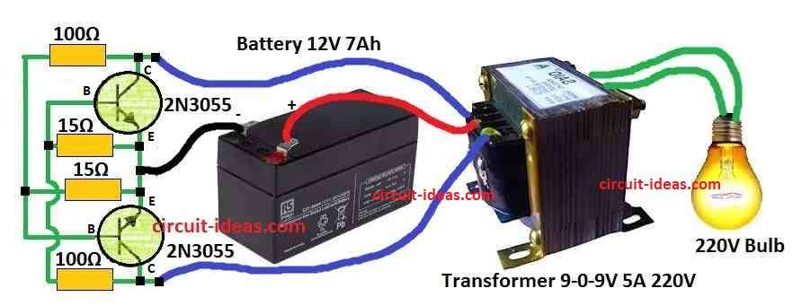 Simple Inverter Circuit Diagram using Two 2N3055 Transistors