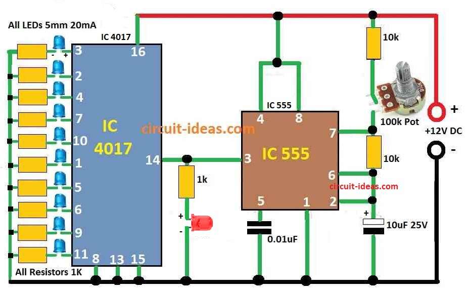 Simple LED Chaser Circuit Diagram using IC 4017