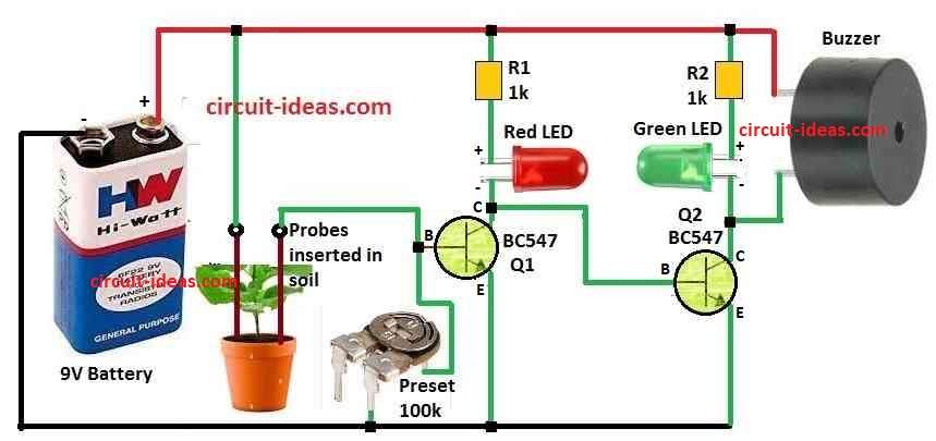 Simple Soil Dryness Detector Circuit Diagram