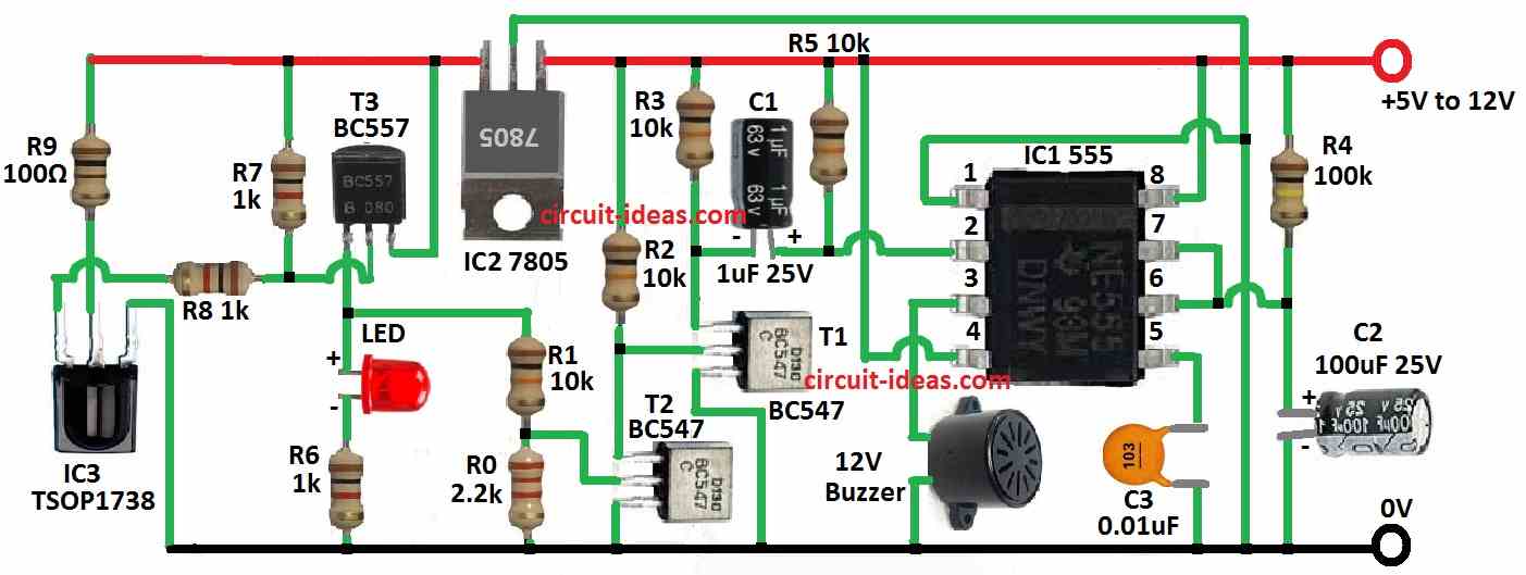 Infared (IR) Sensor Alarm Circuit using TSOP1738 - Circuit Ideas for You