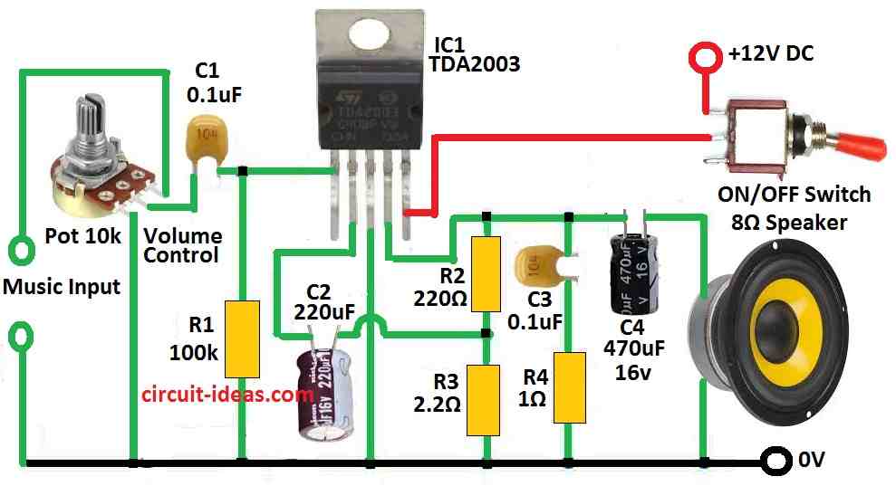 Simple 10 Watt Amplifier Circuit using IC TDA2003 - Circuit Ideas for You