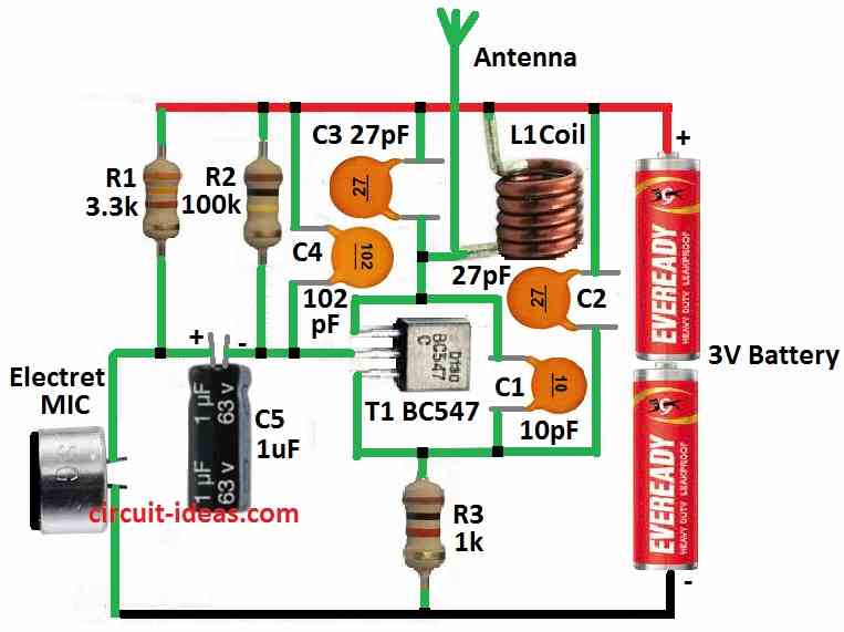 Simple FM Transmitter Circuit (100 meters range) - Circuit Ideas for You