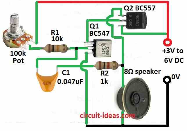 Simple Adjustable Oscillator Circuit Diagram using Two Transistors