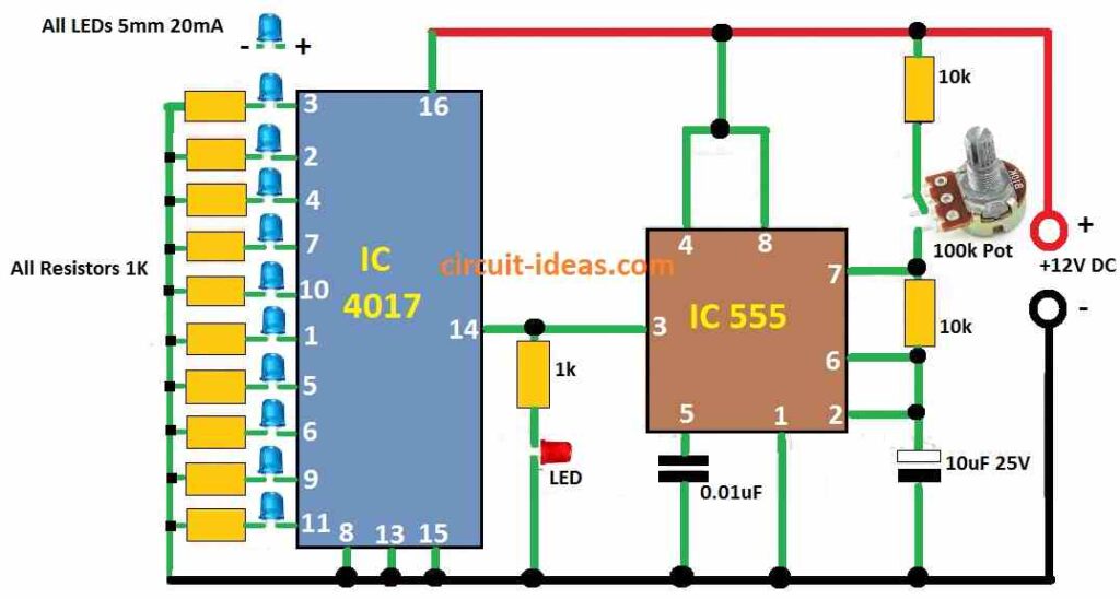 Simple LED Chaser Circuit Diagram using IC 4017