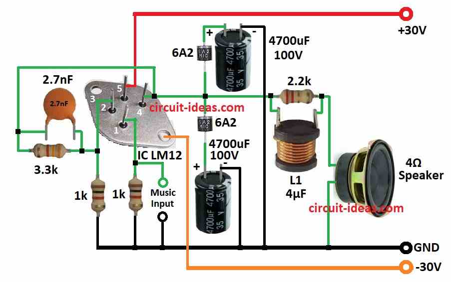 Simple 100 Watt Amplifier Circuit Diagram using IC LM12