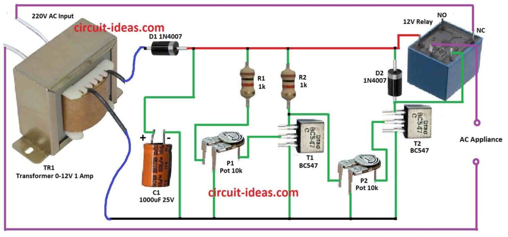 220V Over Under Voltage Cut Off Circuit Diagram Using Transistors