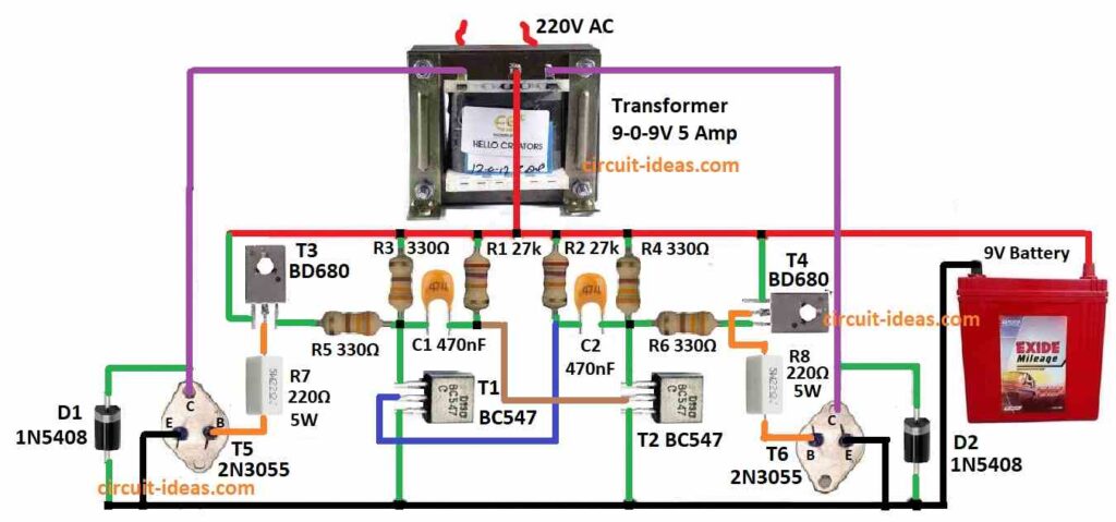 Simple 220V Inverter Circuit Diagram using 2N3055 Transistors