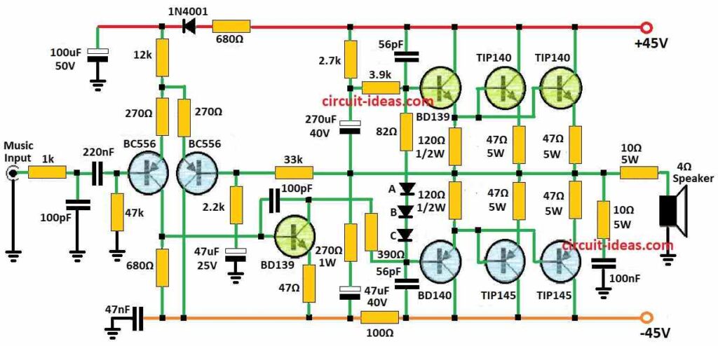 Simple 300 Watt Power Amplifier Circuit Diagram using Transistors