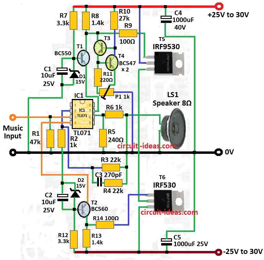 Simple 70 Watt Audio Amplifier Circuit Diagram