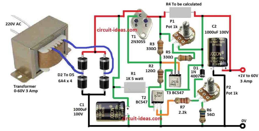 Adjustable Voltage, Current Power Supply Circuit Using Transistor 2N3055