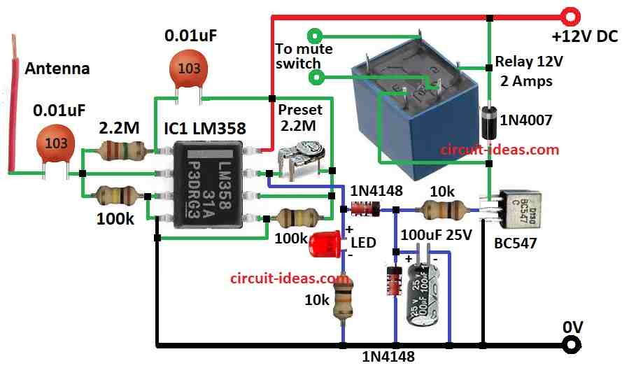 Cellphone Triggered Car Amplifier Auto-Mute Circuit Diagram