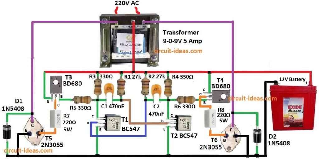 Simple 220V Inverter Circuit Diagram using 2N3055 Transistors