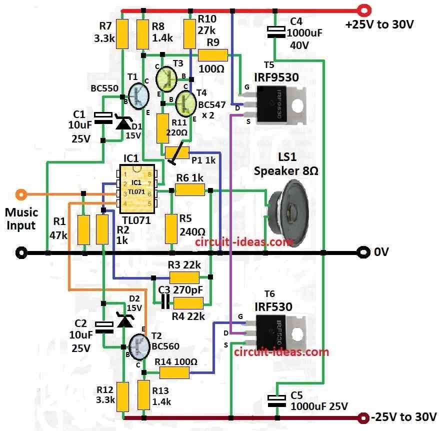 Simple 70 Watt Audio Amplifier Circuit Diagram