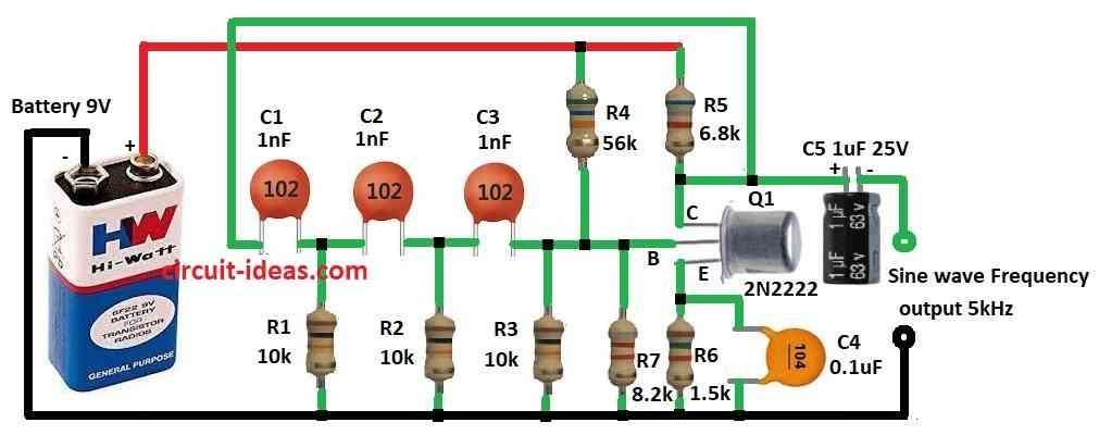 Simple Phase Shift Oscillator Circuit Diagram using a Single Transistor