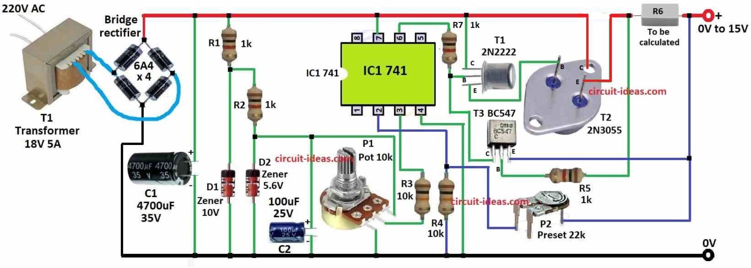 Stabilized Adjustable Power Supply 0-15V/5A Circuit - Circuit Ideas for You