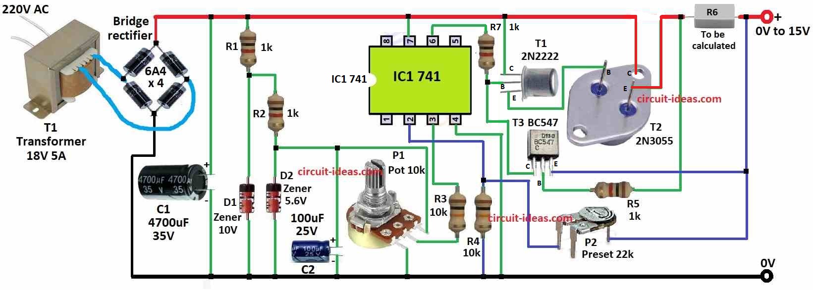 Stabilized Adjustable Power Supply 0-15V/5A Circuit - Circuit Ideas for You