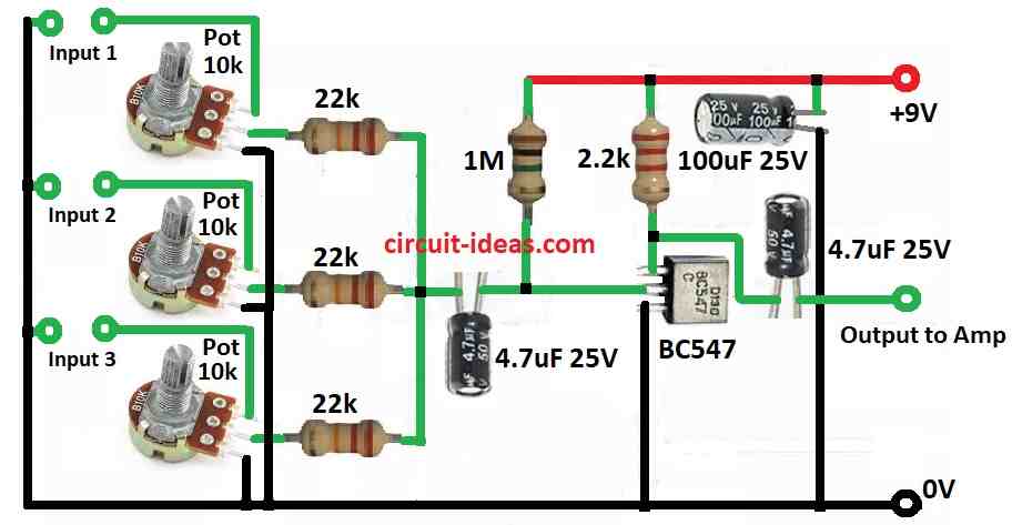 Simple Audio Mixer Circuit using a Single Transistor - Circuit Ideas ...