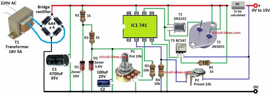 Simple Stabilized Adjustable Power Supply 0-15V/5A Circuit Diagram