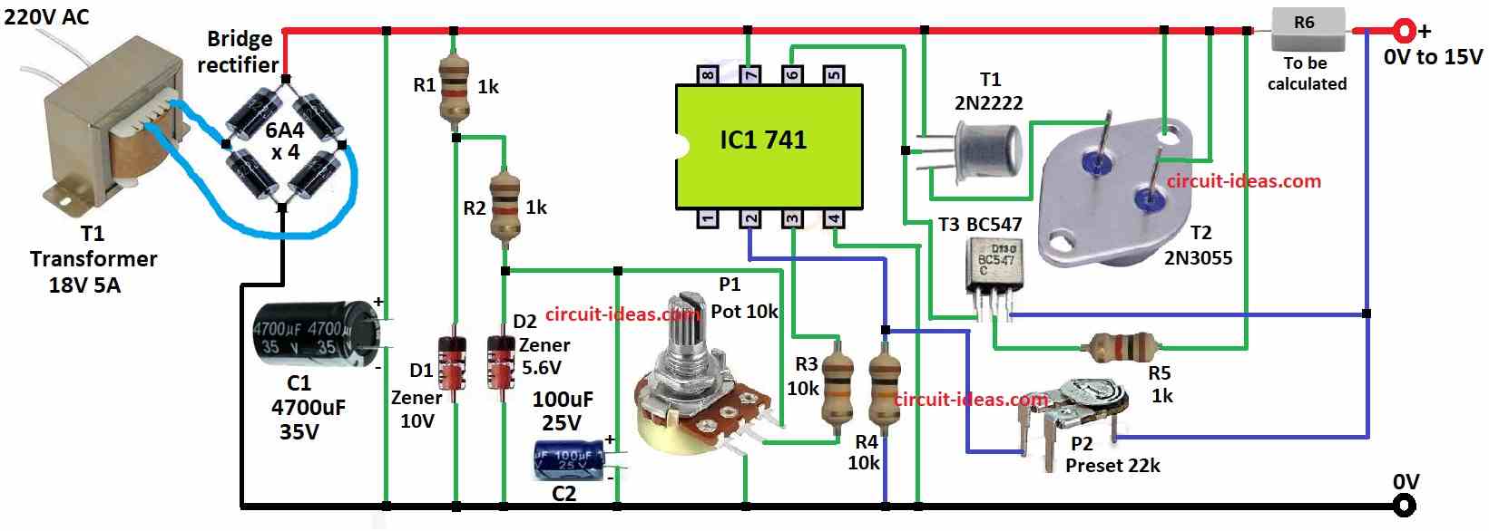 Simple Stabilized Adjustable Power Supply 0-15V/5A Circuit - Circuit ...