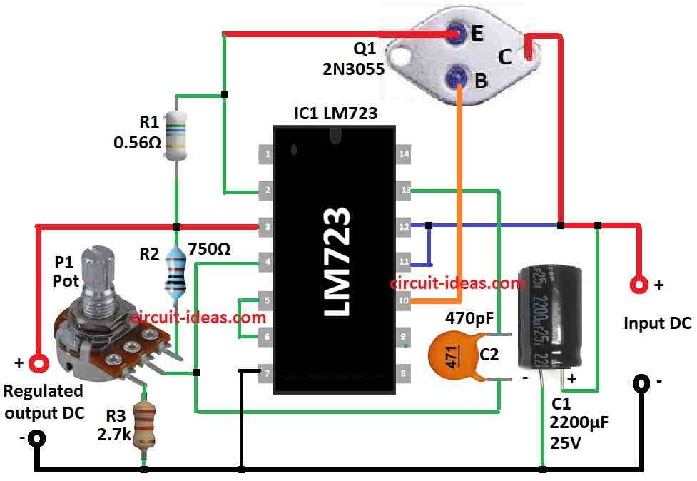 Simple Regulated Adjustable Power Supply Circuit Diagram using IC 723