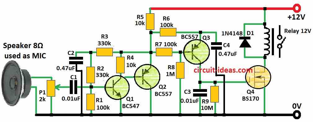 Simple Clap Switch Circuit Diagram using Speaker as MIC