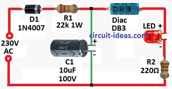 Simple 220V Diac Controlled LED Flasher Circuit Diagram 