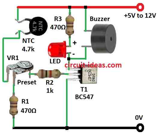 Simple Heat Sensor Circuit Diagram using a Single Transistor