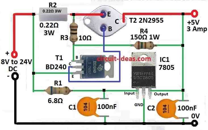 High Current IC 7805 Voltage Regulator Power Supply Circuit Diagram